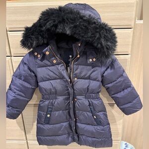 Jacadi girls Dark Blue Puffer Jacket with Gold and faux fur Accents